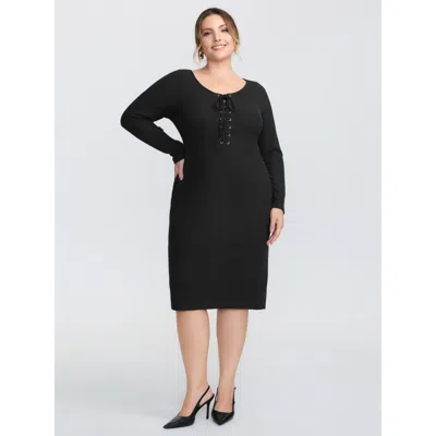 Bloomchic Women's Plus Size Stretchy Round Neck Lace-up Midi Dress Black Non Knee Elegant Wraparound Straps 10