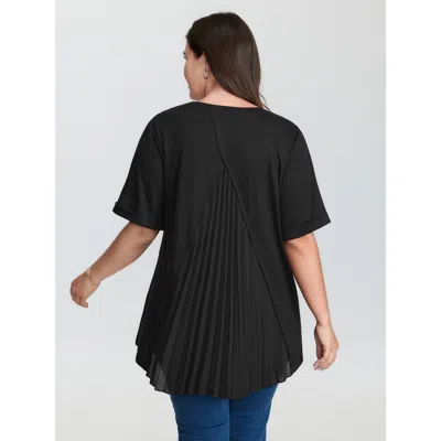 Bloomchic Women's Plus Size Stretchy Round Neck Rolled Cuff Sleeve T-shirt Black Solid Casual Short Sleeve Rou