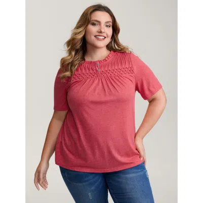 Bloomchic Women's Plus Size Stretchy Ruched Neckline Ruffled Neck T-shirt Orangered Non Casual Short Sleeve 10