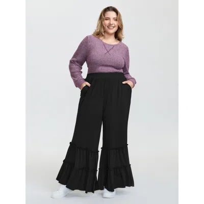 Bloomchic Women's Plus Size Stretchy Ruffled Hem Tiered Pants Black Non Wide Leg Mid Rise Casual 14-16/1x