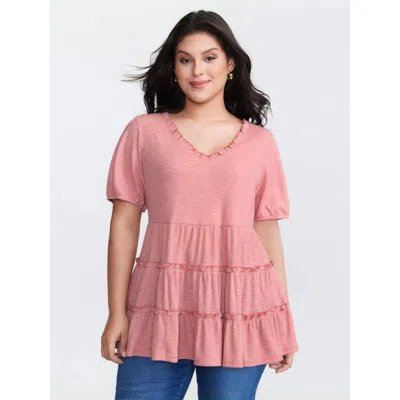 Bloomchic Women's Plus Size Stretchy Ruffled Neckline Tiered Knit Top Beanpastepowder Short Sleeve Casual 10/m