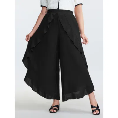 Bloomchic Women's Plus Size Stretchy Ruffled Trim Wide-leg Pants Black Non Wide Leg High Rise Elegant 10/m