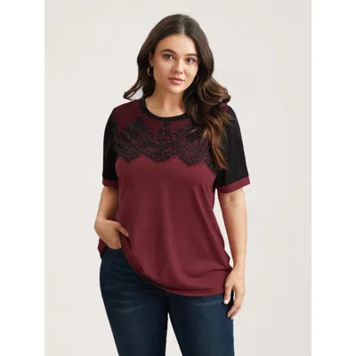 Bloomchic Women's Plus Size Stretchy Scalloped Lace Color Contrast T-shirt Burgundy Solid Elegant Short Sleeve