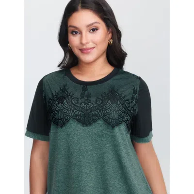 Bloomchic Women's Plus Size Stretchy Scalloped Lace Color Contrast T-shirt Darkslategray Solid Elegant Short S