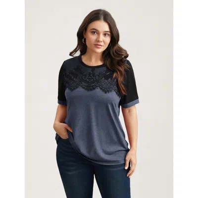 Bloomchic Women's Plus Size Stretchy Scalloped Lace Color Contrast T-shirt Indigo Solid Elegant Short Sleeve R In Purple