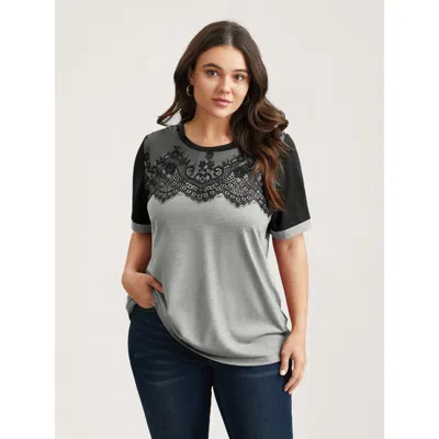Bloomchic Women's Plus Size Stretchy Scalloped Lace Color Contrast T-shirt Lightgray Solid Elegant Short Sleev In Gray