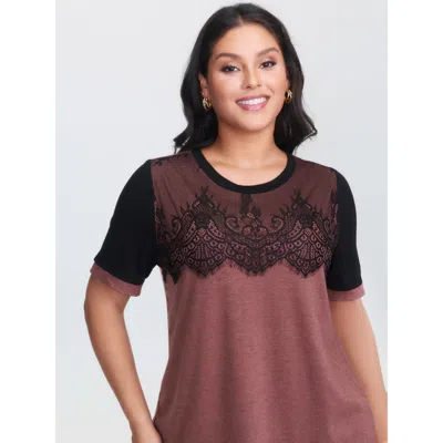 Bloomchic Women's Plus Size Stretchy Scalloped Lace Color Contrast T-shirt Russet Solid Elegant Short Sleeve R In Brown