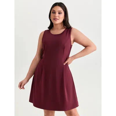 Bloomchic Women's Plus Size Stretchy Sculpted Fit Sleeveless Midi Dress Burgundy Solid Knee Length Office 18-2