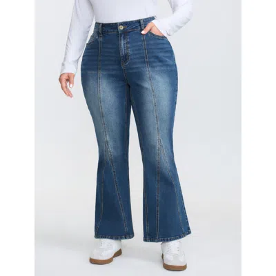 Bloomchic Women's Plus Size Stretchy Seamed Mid-rise Flared Jeans Midblue Topstitching Flared High Stretch 30/