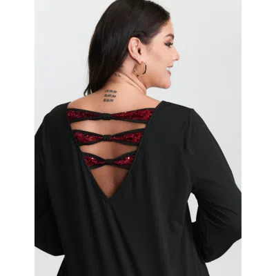 Bloomchic Women's Plus Size Stretchy Sequin Backless Shirred Cuff T-shirt Black Else Elegant Long Sleeve Round