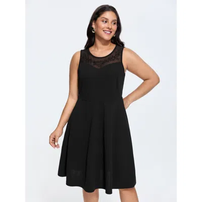 Bloomchic Women's Plus Size Stretchy Sheer Mesh Embroidered Neckline Midi Dress Black Botanical Midi Elegant P
