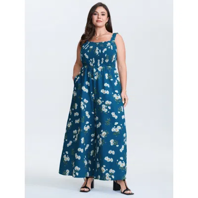 Bloomchic Women's Plus Size Stretchy Shirred Waist Floral Jumpsuit Aegean Elegant Relaxed Fit 12/l In Blue