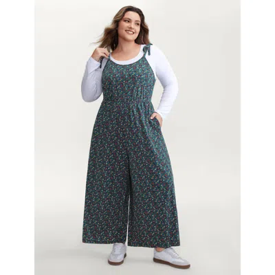 Bloomchic Women's Plus Size Stretchy Shoulder-tie Floral Jumpsuit Cyan Casual 26/4x In Blue