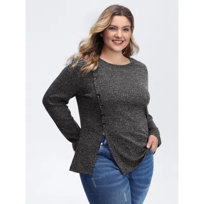 Bloomchic Women's Plus Size Stretchy Side Button Detail Slit T-shirt Dimgray Synthetic Texture Casual Extra Lo