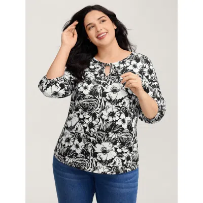 Bloomchic Women's Plus Size Stretchy Silhouette Flower Knit Top Blackflower 3/4 Sleeve Casual 10/m