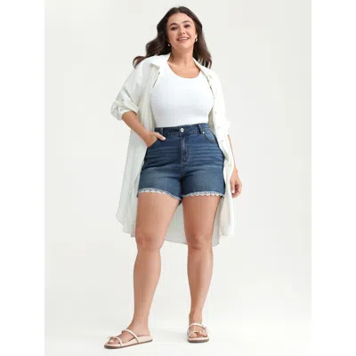Bloomchic Women's Plus Size Stretchy Skinny-fit Lace Trim Stitch Denim Shorts Midblue Lace Trim High Rise Casu