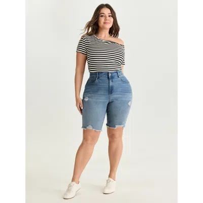 Bloomchic Women's Plus Size Stretchy Skinny-fit Raw Hem Denim Shorts Midblue Non High Rise Casual 12/l