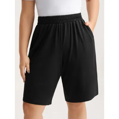 Bloomchic Women's Plus Size Stretchy Slit Straight-leg Shorts Black Casual Straight Fit Smocked Shorts 12/l