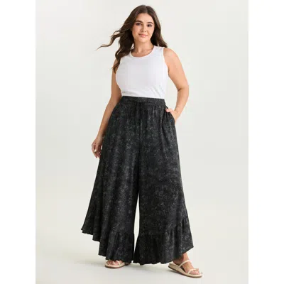 Bloomchic Women's Plus Size Stretchy Snowflake Effect Ruffled Hem Pants Black Wide Leg Mid Rise Casual 12/l