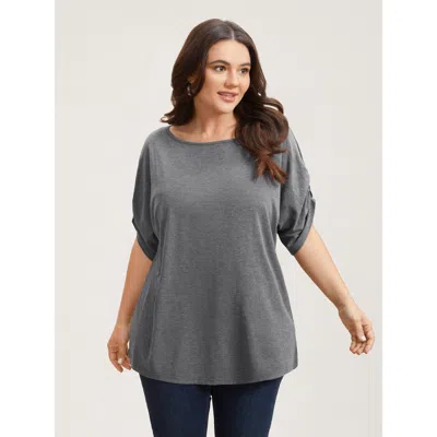 Bloomchic Women's Plus Size Stretchy Solid Color Gathered Sleeve T-shirt Dimgray Solid Casual Short Sleeve Rou