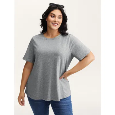 Bloomchic Women's Plus Size Stretchy Solid Crew Neck T-shirt Mediumgray Solid Casual Short Sleeve Round Neck 1