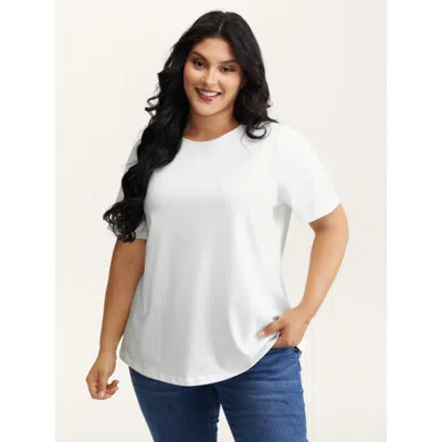 Bloomchic Women's Plus Size Stretchy Solid Crew Neck T-shirt Originalwhite Solid Casual Short Sleeve Round Nec