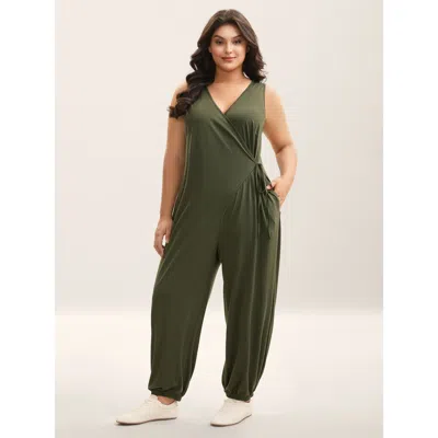 Bloomchic Women's Plus Size Stretchy Solid Wrap Tie Harlan Jumpsuit Armygreen Casual 28/5x