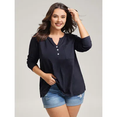 Bloomchic Women's Plus Size Stretchy Split Button Neckline Basic T-shirt Indigo Solid Casual Long Sleeve V-not In Purple
