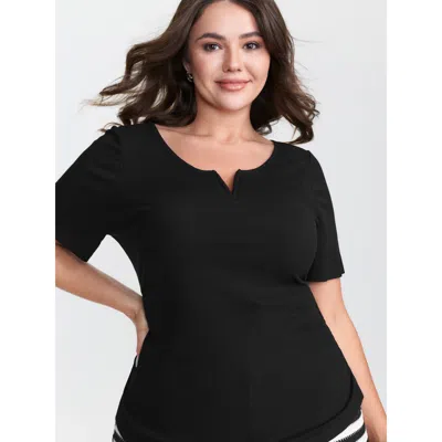 Bloomchic Women's Plus Size Stretchy Split Neckline Curvy Hem T-shirt Black Solid Casual Short Sleeve V-notch 