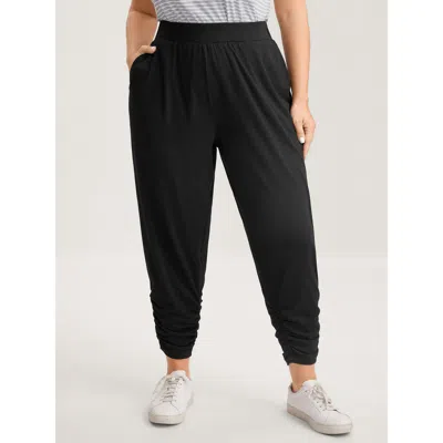 Bloomchic Women's Plus Size Stretchy Straight-leg Gathered Hem Pants Black Non Tapered Ankle Mid Rise Casual 1