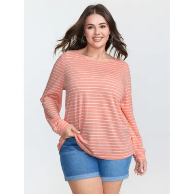 Bloomchic Women's Plus Size Stretchy Striped Back Drawstring T-shirt Coral Stripes Casual Long Sleeve Round Ne In Orange