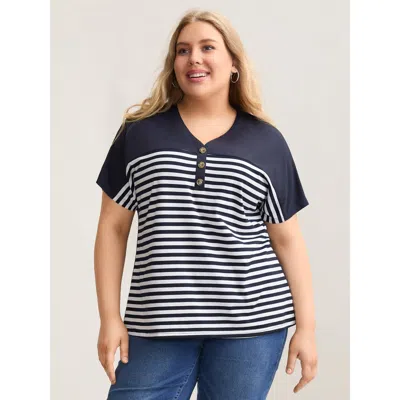 Bloomchic Women's Plus Size Stretchy Striped Button Front T-shirt Indigo Stripes Casual Short Sleeve V-neck 12 In Purple