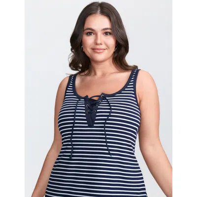 Bloomchic Women's Plus Size Stretchy Striped Drawstring Neckline Tank Top Indigo Casual A-line 18-20/2x In Purple