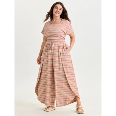 Bloomchic Women's Plus Size Stretchy Striped Petal Hem Pants Crepe Stripes Wide Leg Mid Rise Casual 22-24/3x