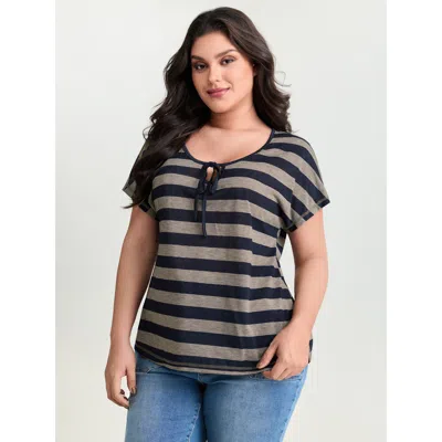 Bloomchic Women's Plus Size Stretchy Striped Print Neck-tie T-shirt Midnight Casual Short Sleeve 12/l In Blue