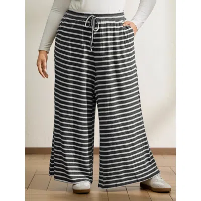 Bloomchic Women's Plus Size Stretchy Stripes Drawstring Wide-leg Pants Dimgray Stripes Wide Leg Mid Rise Casua