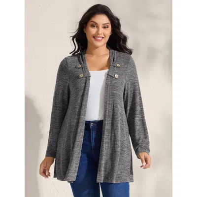 Bloomchic Women's Plus Size Stretchy Textured Button Detail Kimono Black Button Front Fit & Flare Side Pocket 