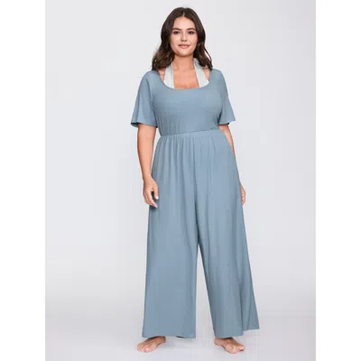 Bloomchic Women's Plus Size Stretchy Textured Color Contrast Lounge Jumpsuit Lightblue Maxi 10/m In Blue