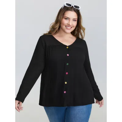 Bloomchic Women's Plus Size Stretchy Textured Colorful Button Blouse Black Synthetic Texture Casual Extra Long