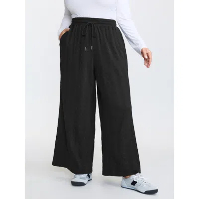 Bloomchic Women's Plus Size Stretchy Textured Drawstring Waist Pants Black Solid Wide Leg Mid Rise Casual 10/m