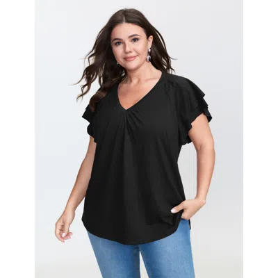 Bloomchic Women's Plus Size Stretchy Textured Flared Sleeve T-shirt Black Non Casual Cap Sleeve 22-24/3x