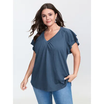 Bloomchic Women's Plus Size Stretchy Textured Flared Sleeve T-shirt Cerulean Non Casual Cap Sleeve 22-24/3x In Blue