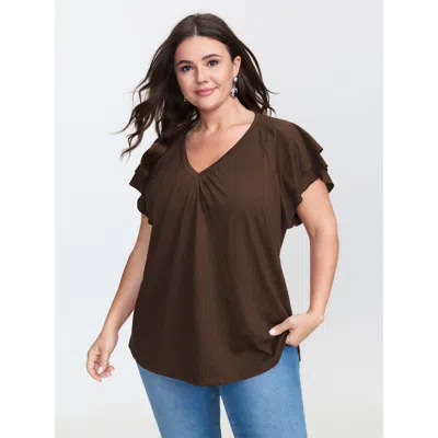 Bloomchic Women's Plus Size Stretchy Textured Flared Sleeve T-shirt Darkbrown Non Casual Cap Sleeve 10/m In Brown