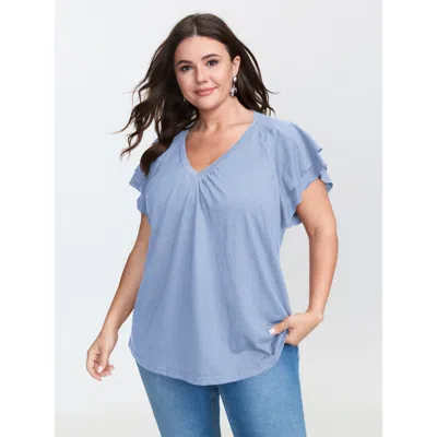 Bloomchic Women's Plus Size Stretchy Textured Flared Sleeve T-shirt Lightblue Non Casual Cap Sleeve 22-24/3x In Blue