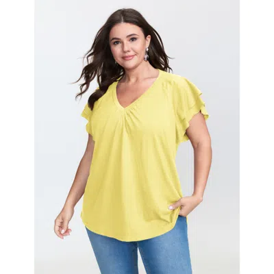 Bloomchic Women's Plus Size Stretchy Textured Flared Sleeve T-shirt Lightyellow Non Casual Cap Sleeve 12/l