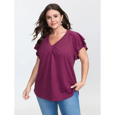 Bloomchic Women's Plus Size Stretchy Textured Flared Sleeve T-shirt Redviolet Non Casual Cap Sleeve 10/m
