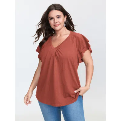 Bloomchic Women's Plus Size Stretchy Textured Flared Sleeve T-shirt Rust Non Casual Cap Sleeve 10/m In Brown