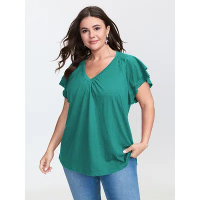 Bloomchic Women's Plus Size Stretchy Textured Flared Sleeve T-shirt Teal Non Casual Cap Sleeve 10/m In Blue