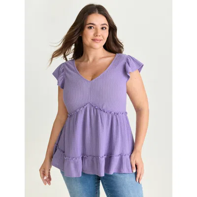 Bloomchic Women's Plus Size Stretchy Textured Flutter Sleeve Knit Top Lavender Short Sleeve Casual Deep V-neck In Purple