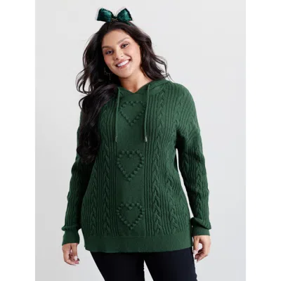 Bloomchic Women's Plus Size Stretchy Textured Hooded Drawstring Pullover Darkgreen Long Sleeve 14-16/1x In Green